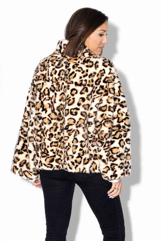 beige animal print sheared sectioned mink fur jacket