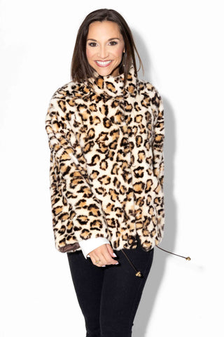 beige animal print sheared sectioned mink fur jacket