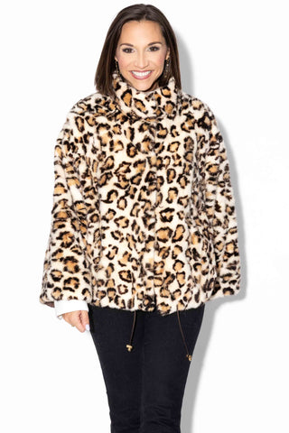 beige animal print sheared sectioned mink fur jacket