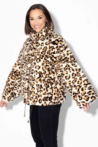 beige animal print sheared sectioned mink fur jacket