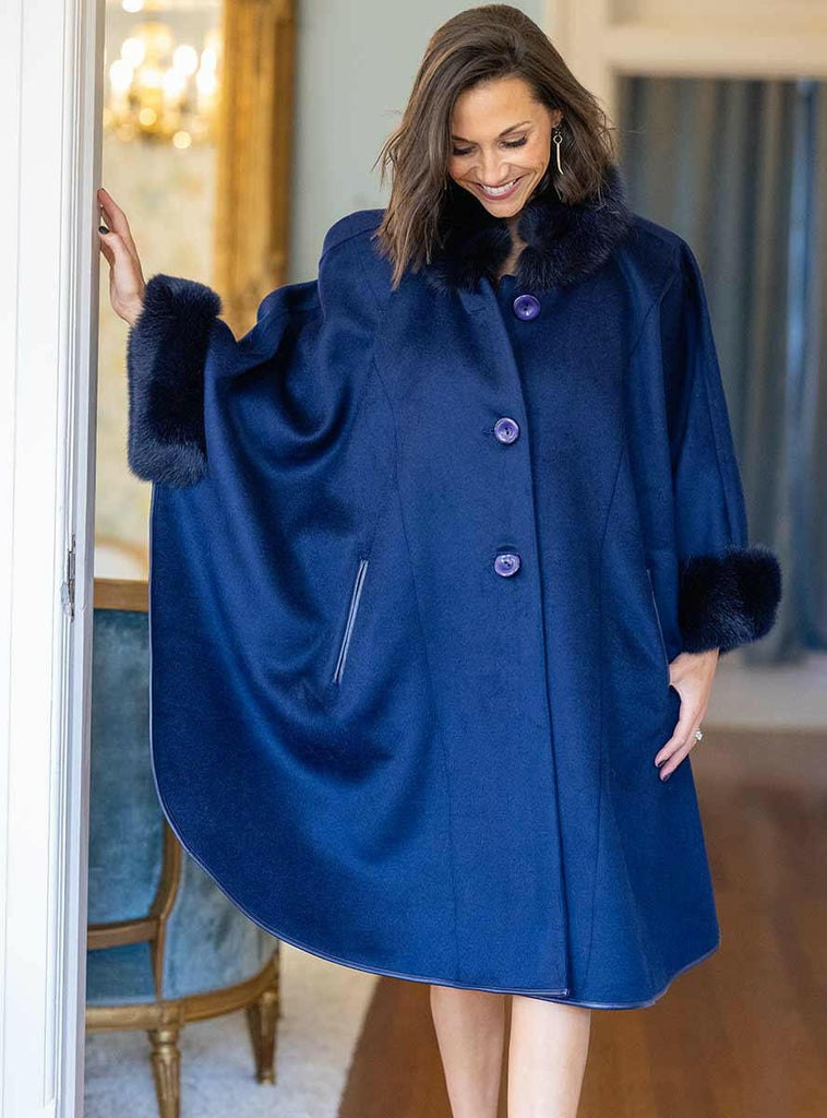 women's navy cashmere and wool blend cape with fox fur