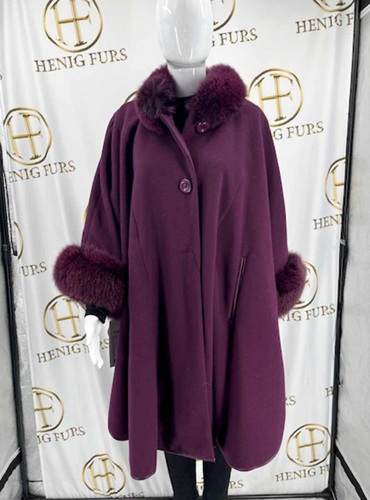 Purple cashmere & wool blend cape with fox trim