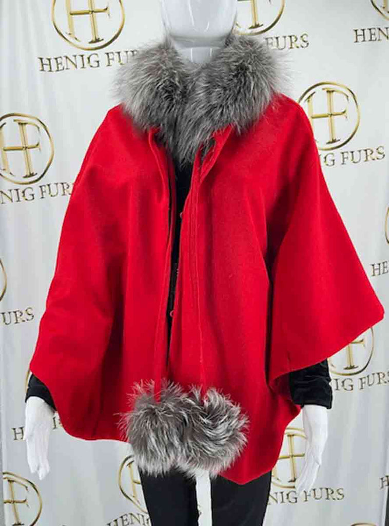 red wool cape with indigo fox fur