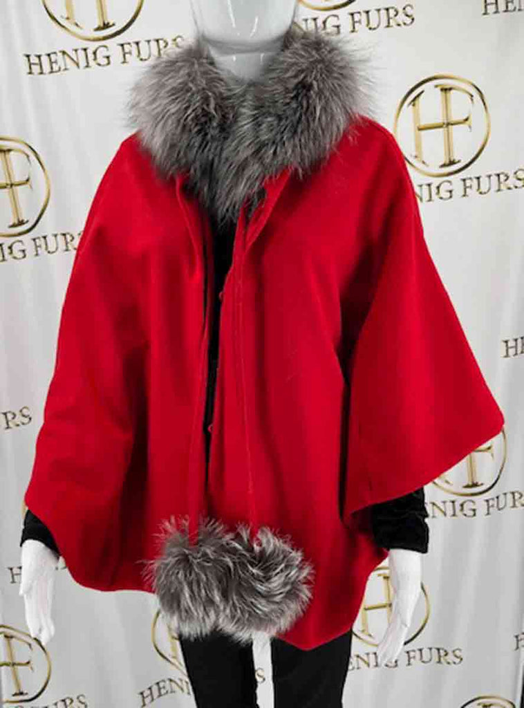 red wool cape with indigo fox