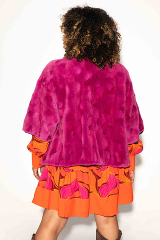 fuchsia sectioned mink fur cape with standup collar