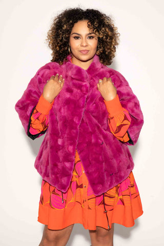 fuchsia sectioned mink fur cape with standup collar