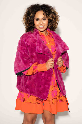 fuchsia sectioned mink fur cape with standup collar