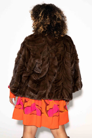 mahogany sectioned mink fur capelet with standup collar