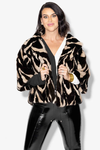 mahogany beige sectioned mink fur capelet with standup collar