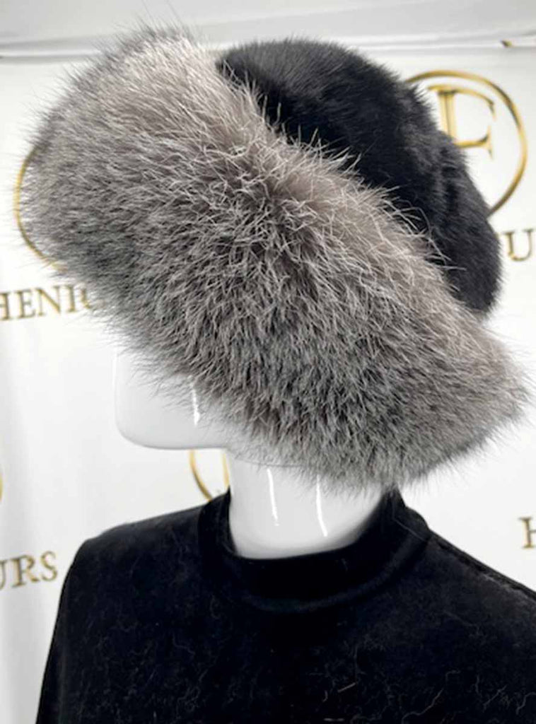 ranch mink fur hat with silver fox fur trim