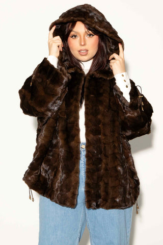 mahogany sheared sectioned mink fur jacket with hood