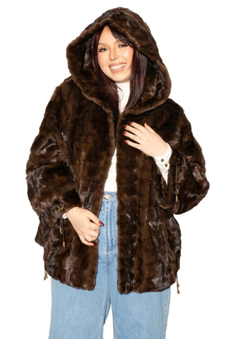 mahogany sheared sectioned mink fur jacket with hood
