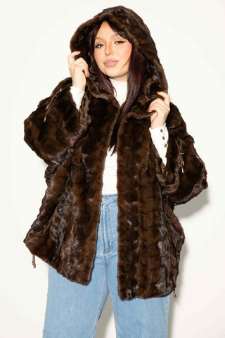 mahogany sheared sectioned mink fur jacket with hood
