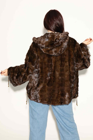 mahogany sheared sectioned mink fur jacket with hood