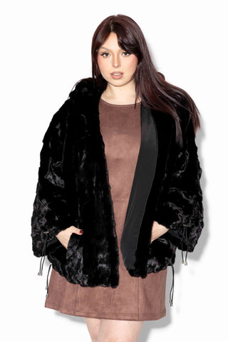 ranch sheared sectioned mink fur jacket with hood