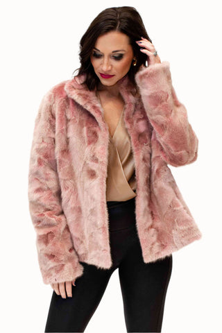 pink sectioned mink fur jacket with straight sleeves