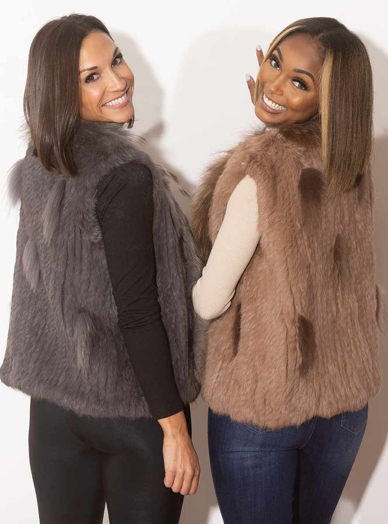Gray & Natural Brown Knitted Rabbit Fur Vests