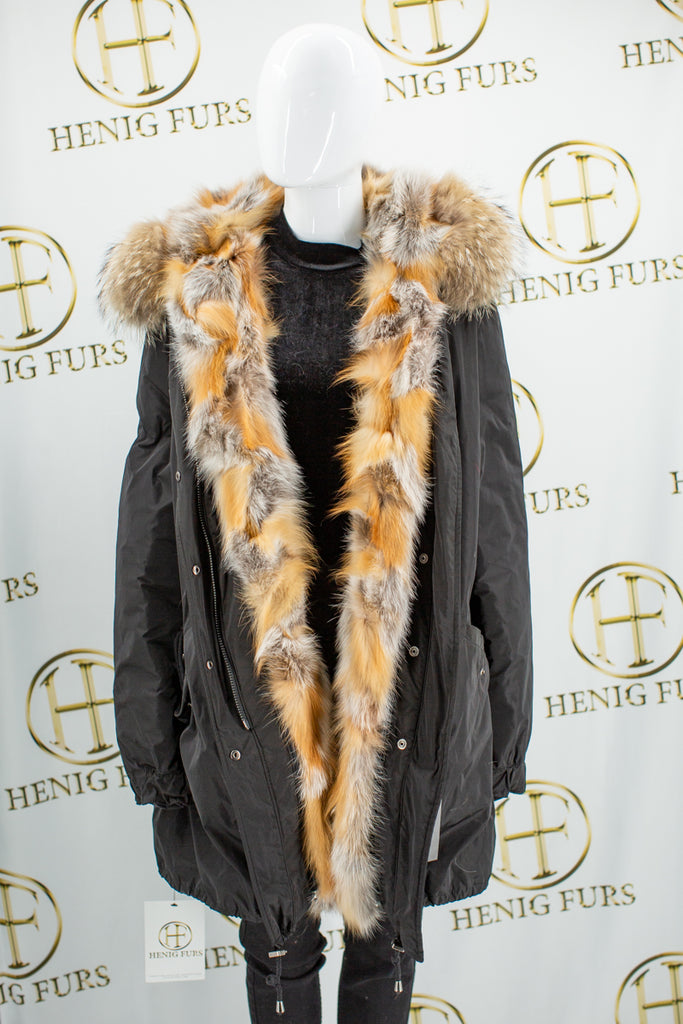 Black Cloth Stroller with Crystal Fox Fur Detachable Vest Lining & Fox Trim Hood