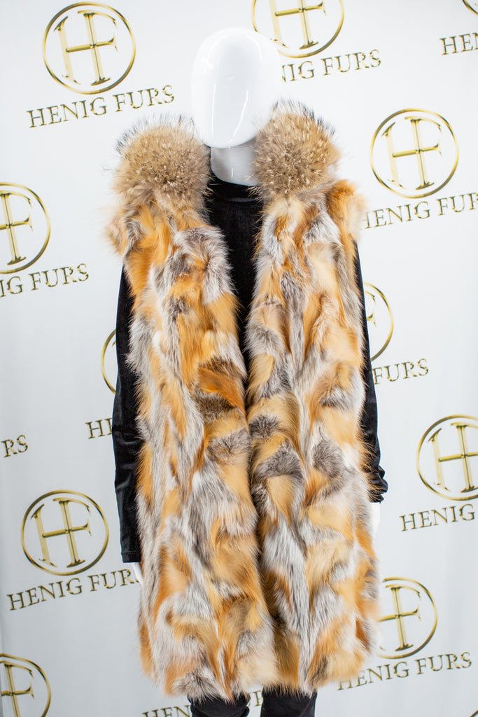 Black Cloth Stroller with Crystal Fox Fur Detachable Vest Lining & Fox Trim Hood