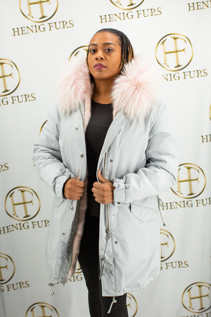 Light Gray Cloth Parka with Pink Zip out Mink Fur Vest with Pink Fox Trim hood