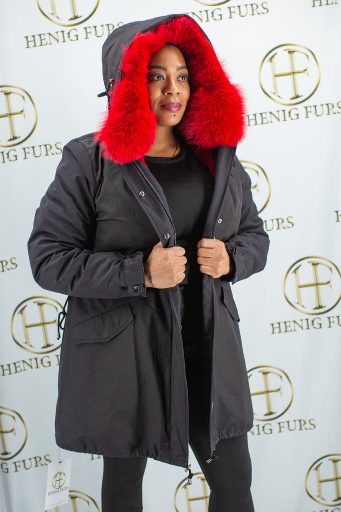 black parka with red mink fur zip out vest lining & red fox fur trim hood