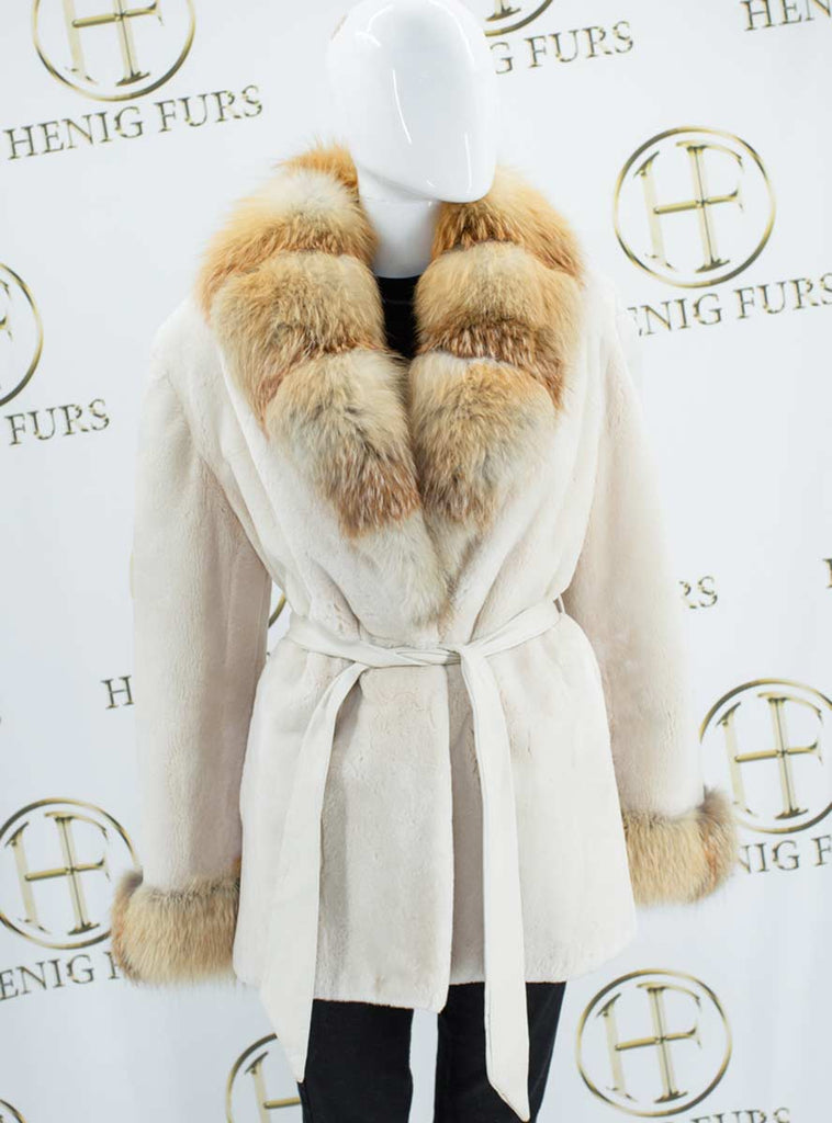 Fur Clearance: Cream Sheared Beaver Fur Jacket with Natural Red Fox Fur Collar & Cuffs & Detachable Leather Belt