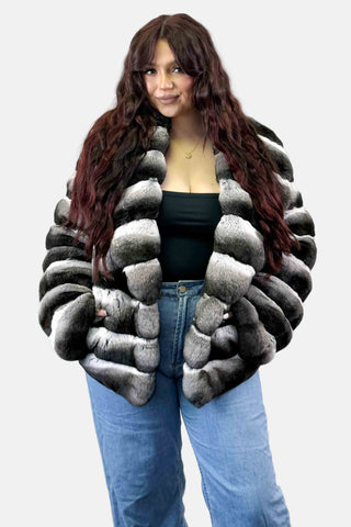 natural chinchilla fur jacket with shawl collar