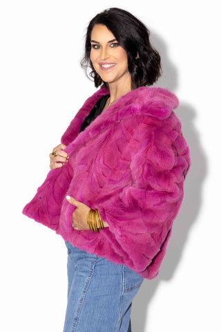 dark lilac sectioned mink fur jacket with standup collar