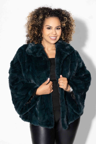 dark sea green Sectioned Mink Fur Jacket with Standup Collar