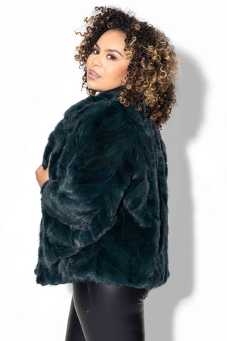 dark sea green Sectioned Mink Fur Jacket with Standup Collar