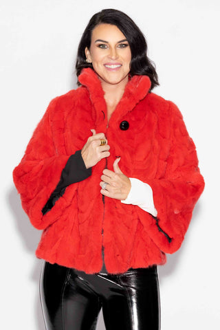 Red pink Sectioned Mink Fur Jacket with Standup Collar