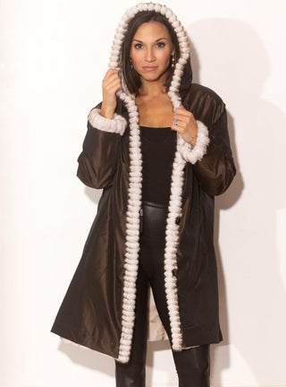 Sheared Reversible Mink Fur Stroller with Hood and All Weather Lining.