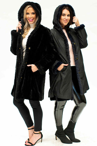 black and navy Reversible Sheared Mink Fur Stroller to Rain Jacket