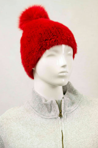 red knitted mink fur beanie hat with red fox fur pom