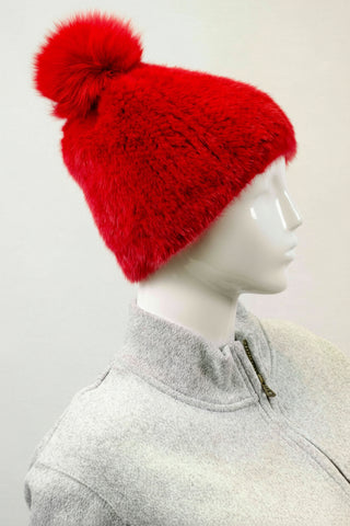 red knitted mink fur beanie hat with red fox fur pom