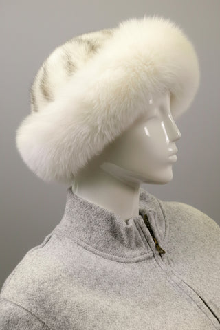 black cross mink fur hat with white fox fur trim
