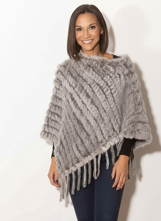 gray knitted rabbit fur poncho with fringe