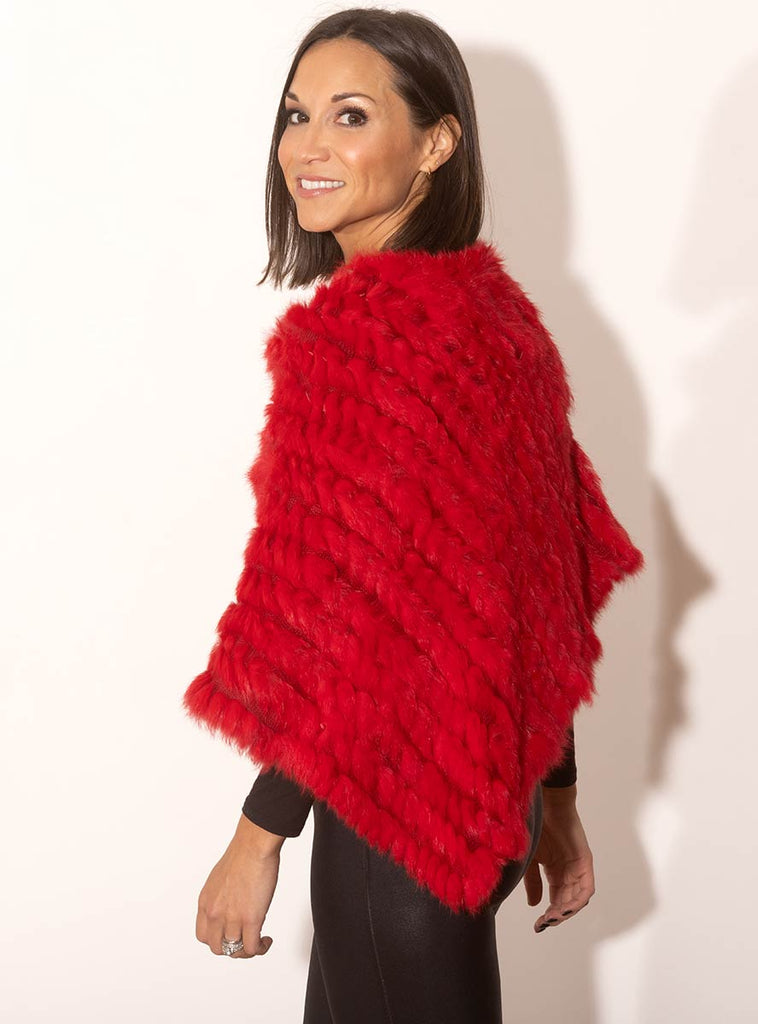 Red Knitted Rabbit Fur Poncho
