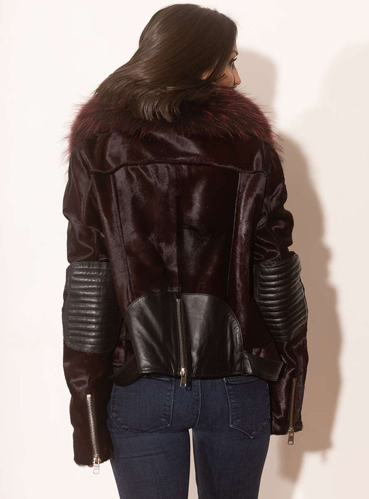 burgundy cowhide leather moto jacket with raccoon fur collar