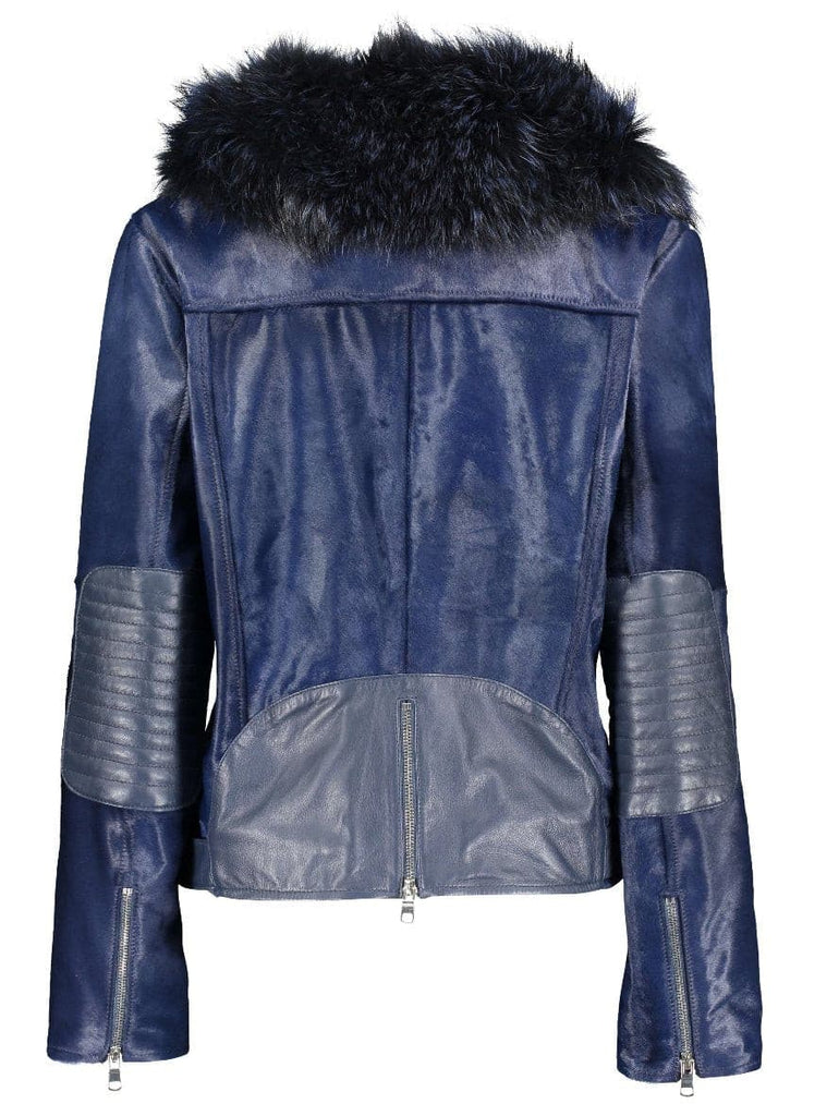 navy cowhide leather jacket with racoon fur trim