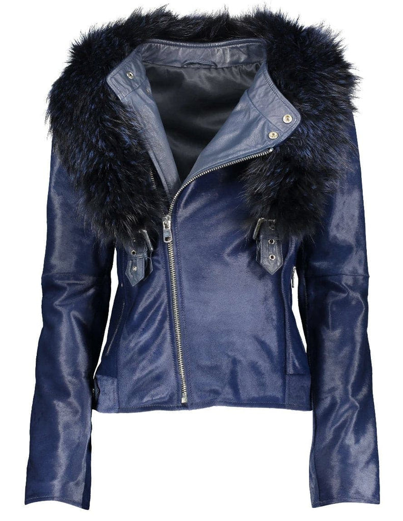 navy cowhide leather jacket with raccoon fur trim
