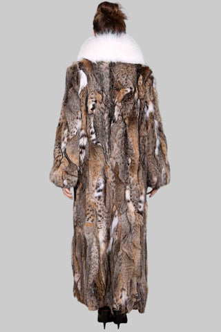 sectioned bobcat fur coat with fox fur collar