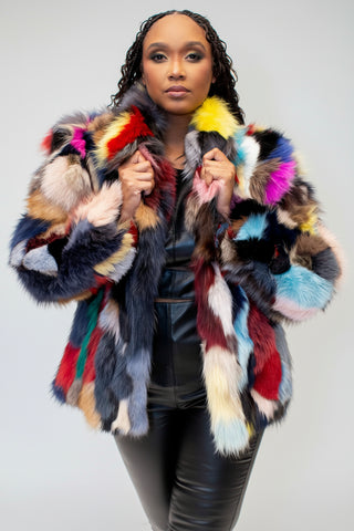 multicolor sectioned fox fur jacket