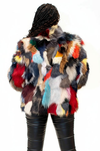 multicolor sectioned fox fur jacket