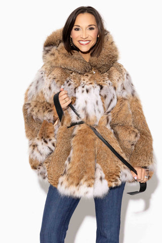 Bobcat Fur Cape with Hood & Detachable Leather Belt
