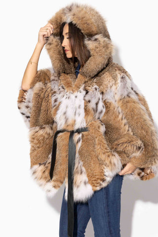Bobcat Fur Cape with Hood & Detachable Leather Belt