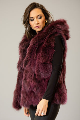 plum sectioned fox fur vest with hood