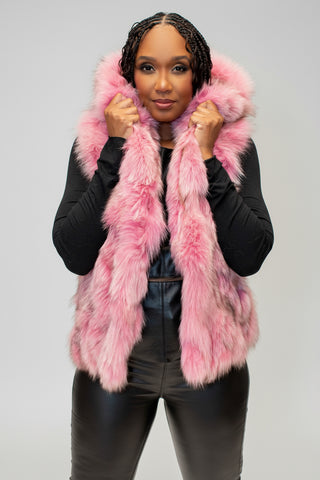 pink sectioned fox fur vest with hood