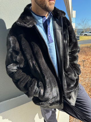 men's reversible mink and leather bomber jacket