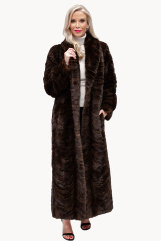 brown Full Length Mink Fur Coat with Shawl Collar and Bracelet Cuffs (Optional Hood).